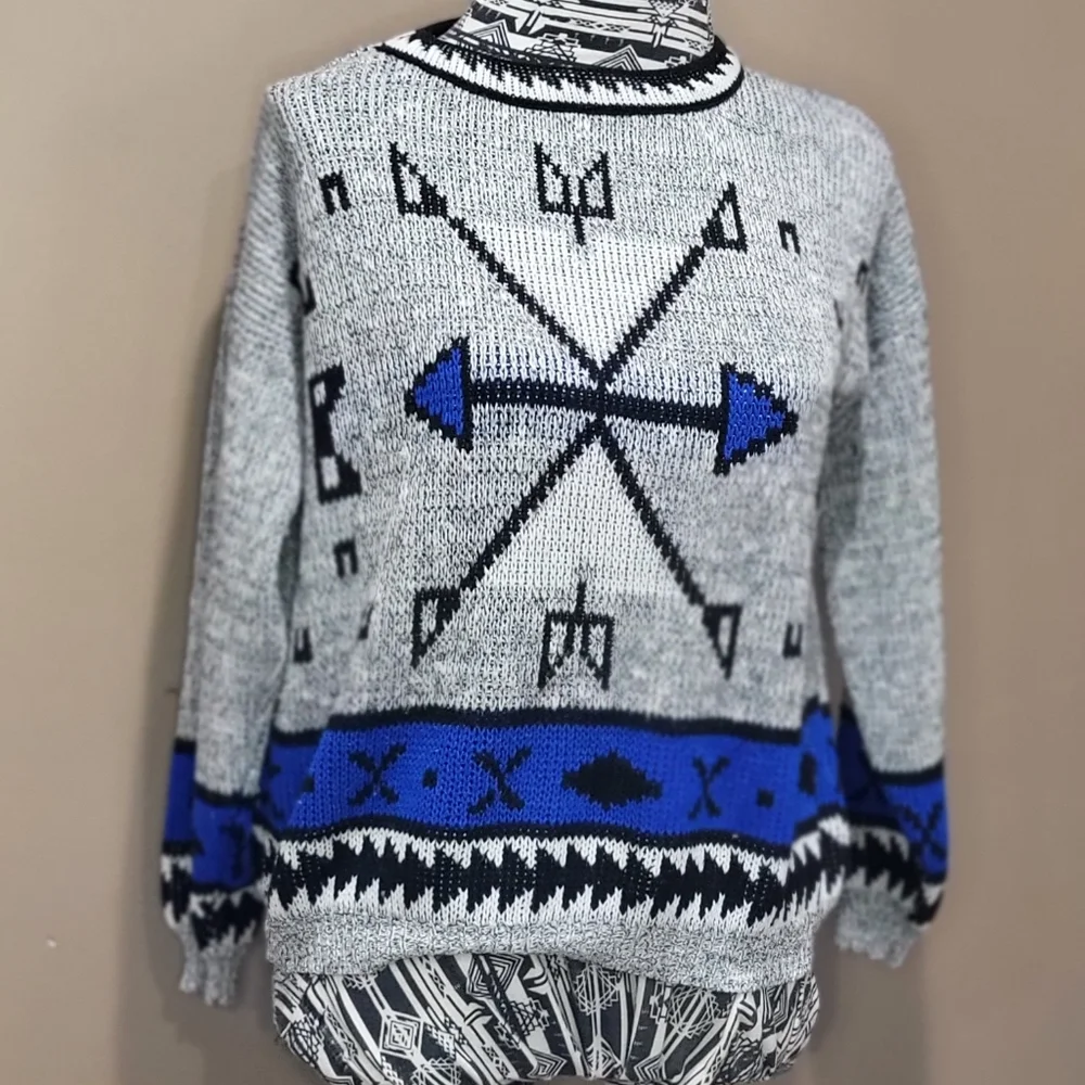 Vtg 90s Adele Knit Sweater Gray Black Blue Size Small Arrows Made in USA